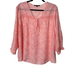 Coco Black Peachy Pink Floral Print Gauze Flowy Top Shirt L Crochet Tie Accent